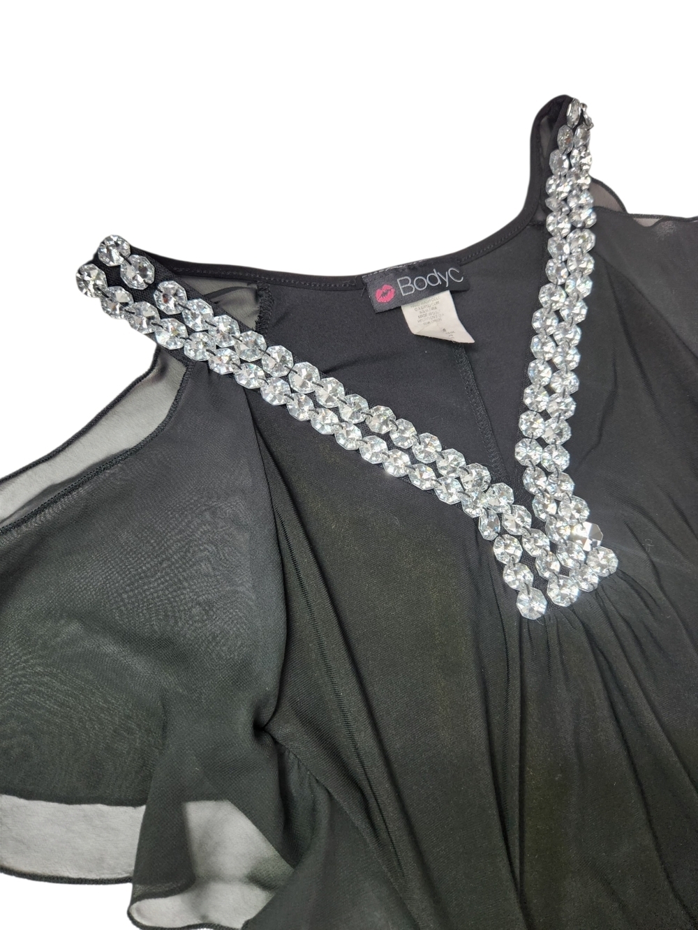 Body Central Black Rhinestone V-Neck Dress Cold Shoulder Bodycon Party Small Y2K - Picture 7 of 11